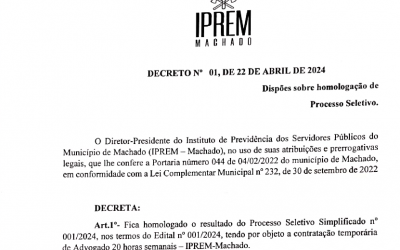 Fica homologado o resultado do Processo Seletivo Simplificado Nº 001/2024