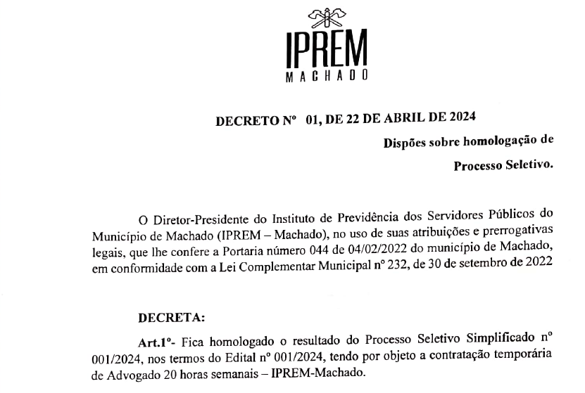 Fica homologado o resultado do Processo Seletivo Simplificado Nº 001/2024