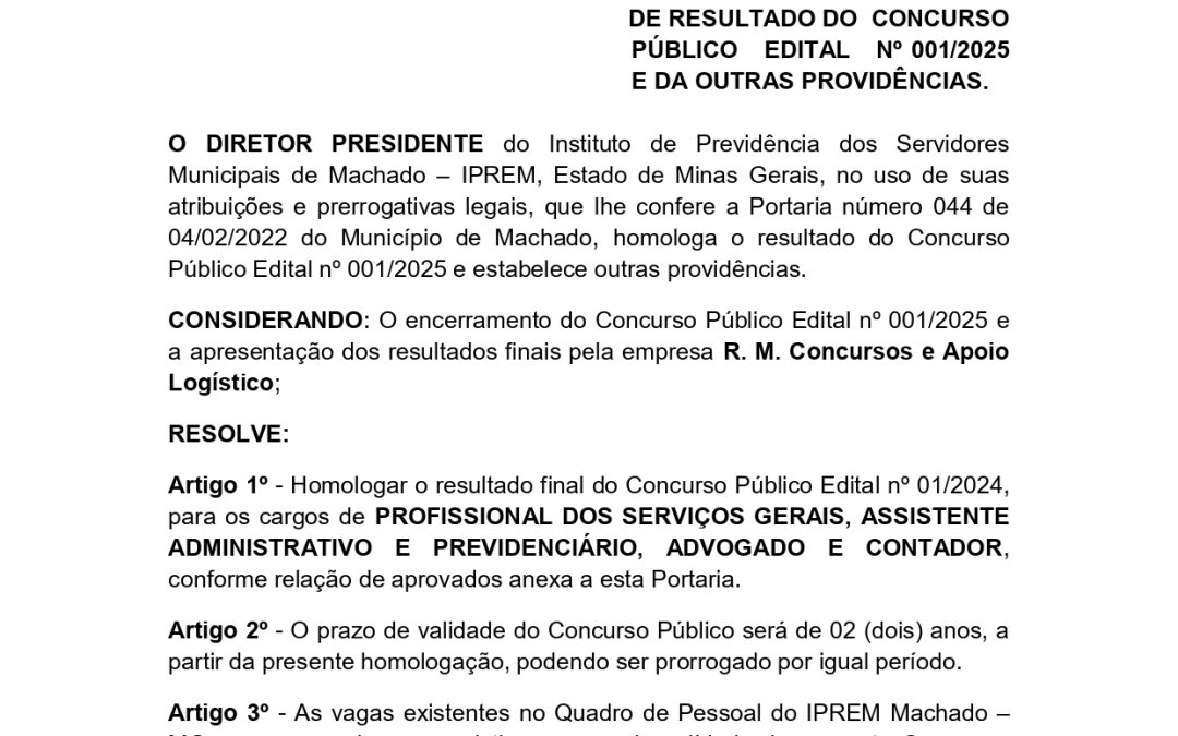 Portaria nº 005/2025 – Homologação de Resultado do Concurso Público
